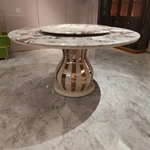 Purple-Veined White Marble Round Dining Table with Sculptural Rose Gold Base